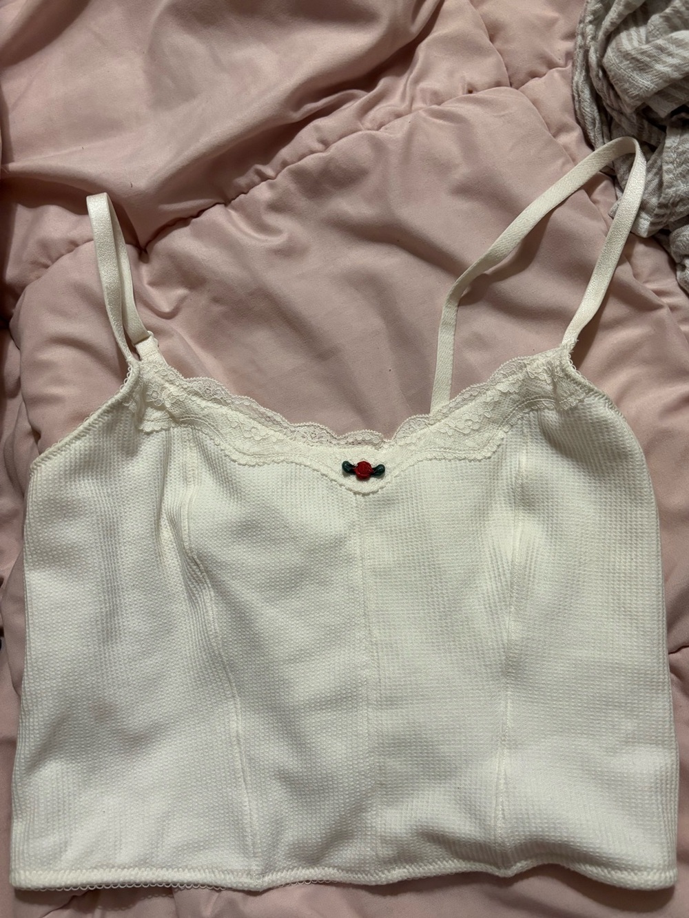 Cream Lace-Trim Knit corset style Camisole with rose Accent